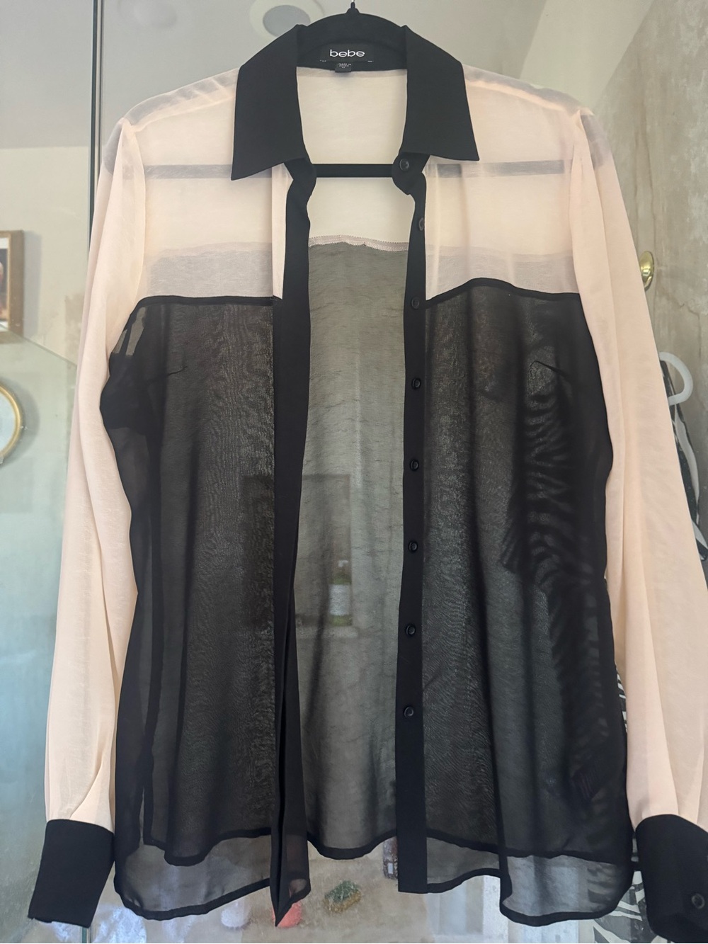 bebe Two-Tone Sheer Button-Up Shirt Jacket in Black and Light Pink